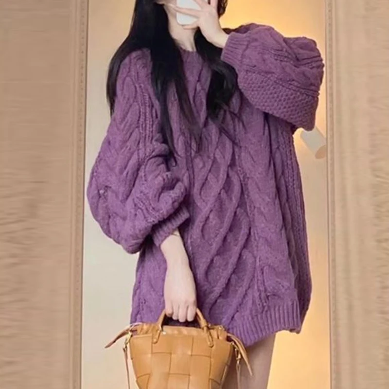 Thickened autumn winter new Korean  round neck fried dough twist knitwear purple outside sweet sweater women  jumper  tops