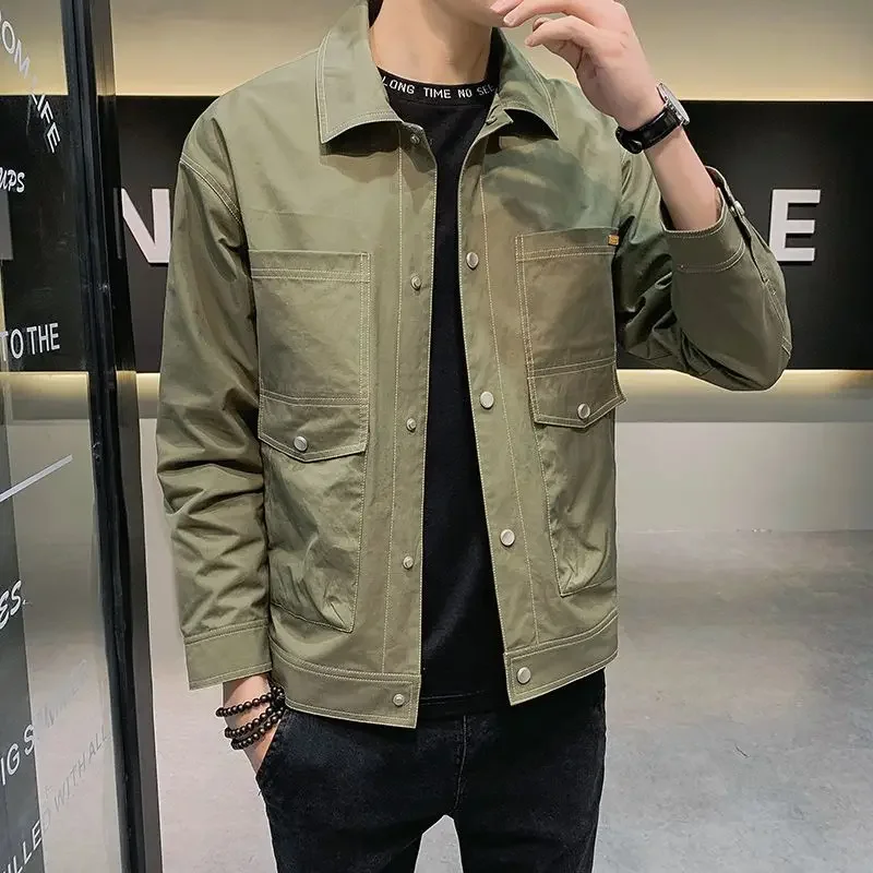 Весна-Осень 2024 тонкий облегающий Мужской рабочий топ с лацканами для молодежи