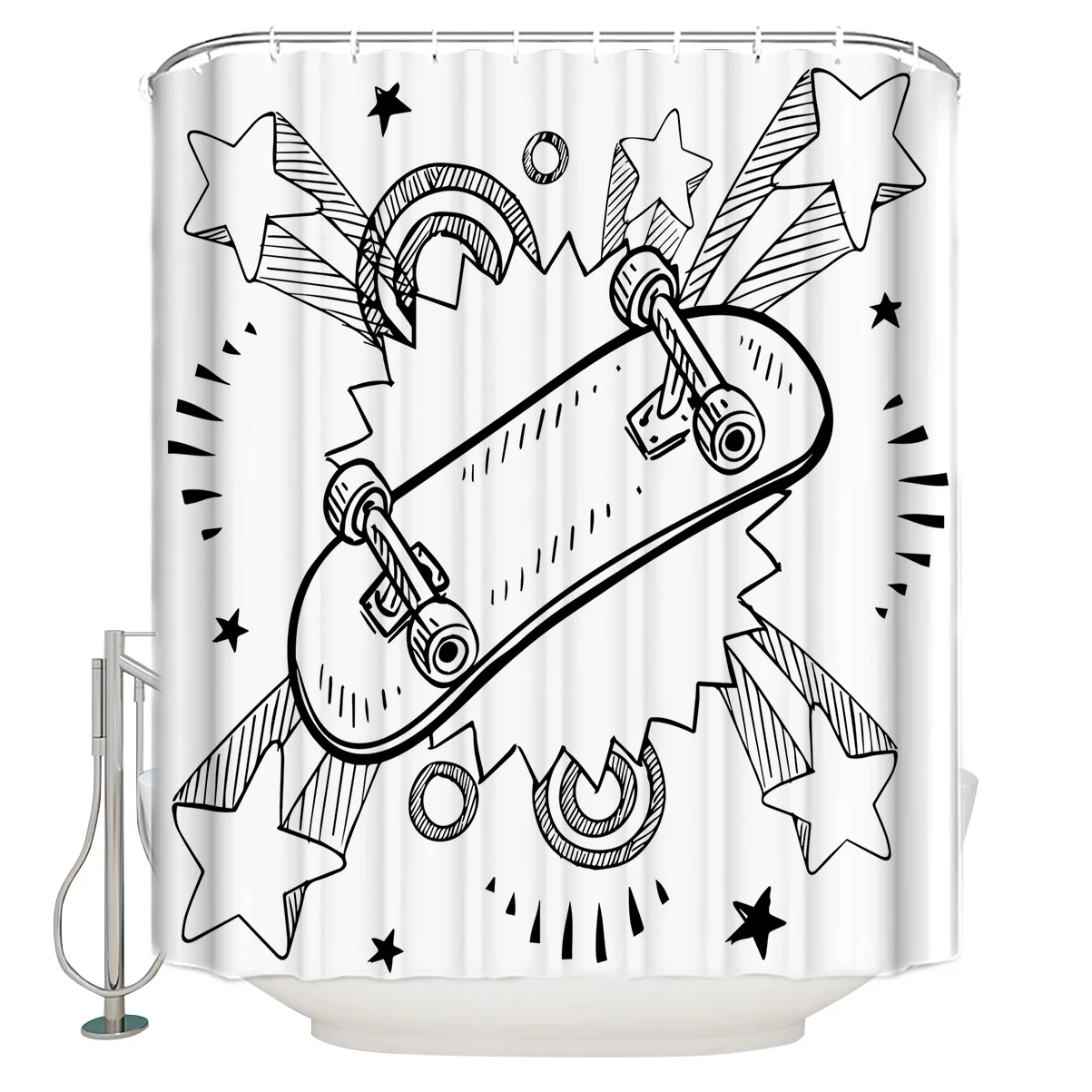 

Skateboard Cartoon Black And White Shower Curtain Waterproof Bathroom Decor Printed Curtain Bathroom Curtains with Hooks