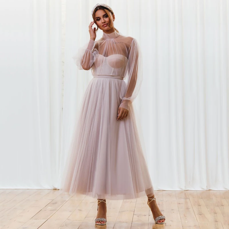 

Простая прозрачная верхняя одежда с высоким вырезом и длинным рукавом, вечерние платья до середины икры из тюля на шнуровке, бальное платье ...