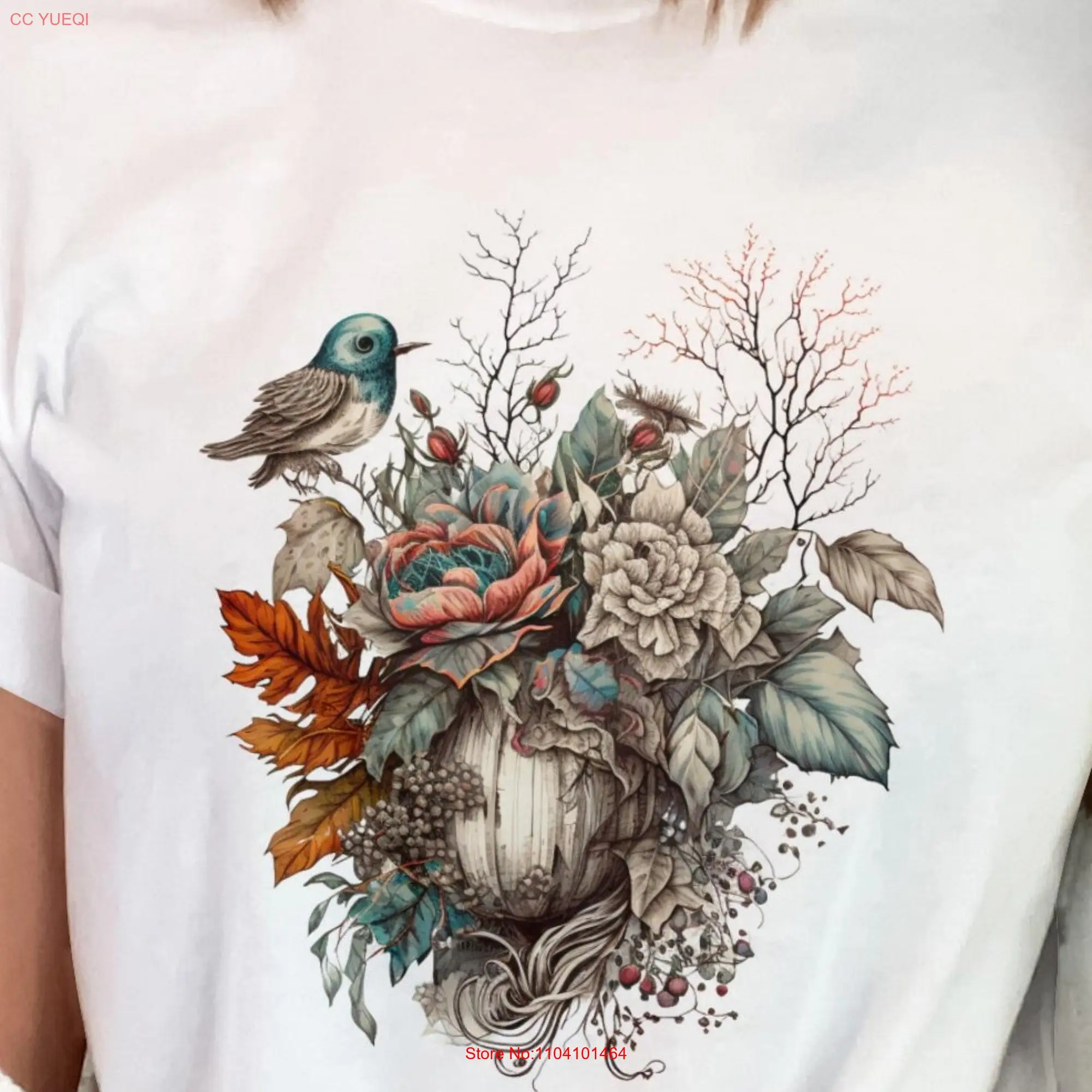 Винтажная футболка с цветочным принтом и птицами длинным или коротким рукавом