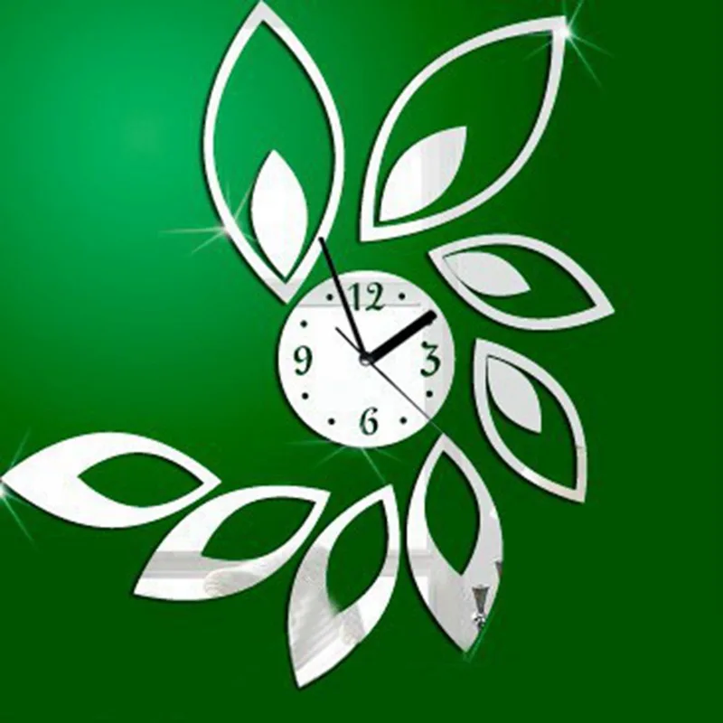 

Home Decoration 3D Watch Leaves Modern Design Acrylic Mirrored Wall Clock Living Room Unique Gifts