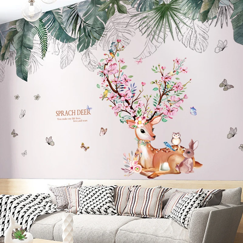 

[SHIJUEHEZI] Deer Flowers Animal Wall Stickers DIY Plants Leaves Wall Decals for Kids Rooms Baby Bedroom Kitchen Home Decoration