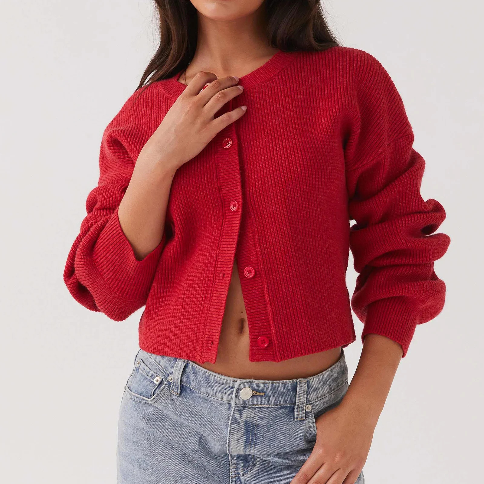 Женский модный кардиган однотонный свитер с круглым вырезом и длинными рукавами