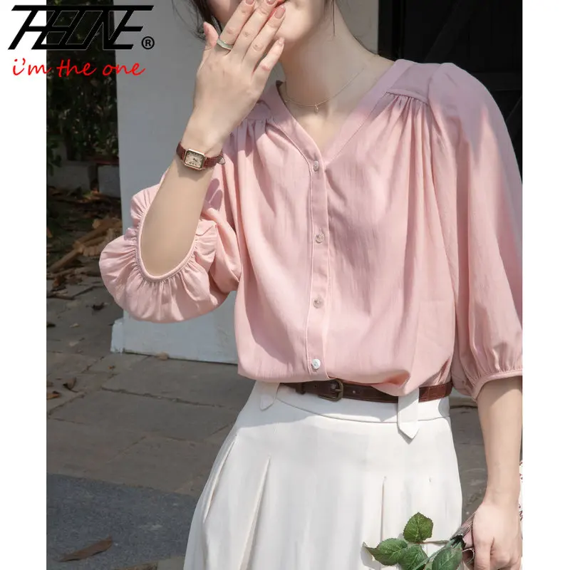 Женская винтажная рубашка и блузка розовая Элегантная с коротким рукавом