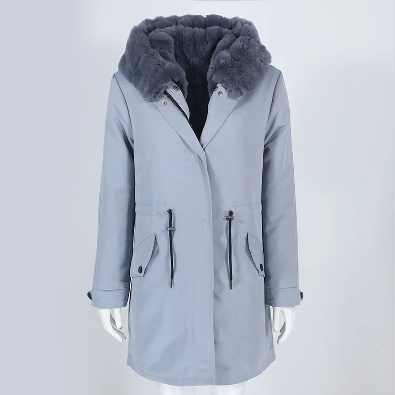 

genuine brand 2023 New Leopard Long Waterproof Parka Winter Jacket Women Real Coat Natural Rex Rabbit Fur Warm Detachable Luxury