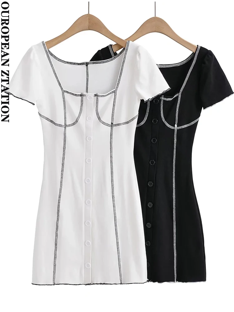

PAILETE Women fashion new contrasting edge button-up mini dress vintage square collar short sleeve female dresses vestidos mujer