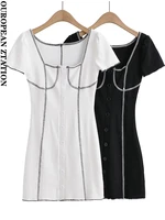 pailete women fashion new contrasting edge button up mini dress vintage square collar short sleeve female dresses vestidos mujer