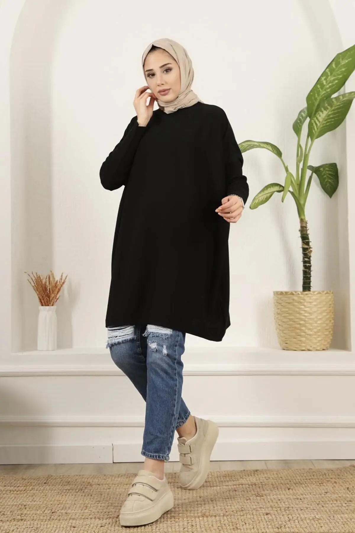 Women's Black Half Turtleneck Knitwear Panço Pullover Tunic Long Plain Hijab Blouse & Clothing