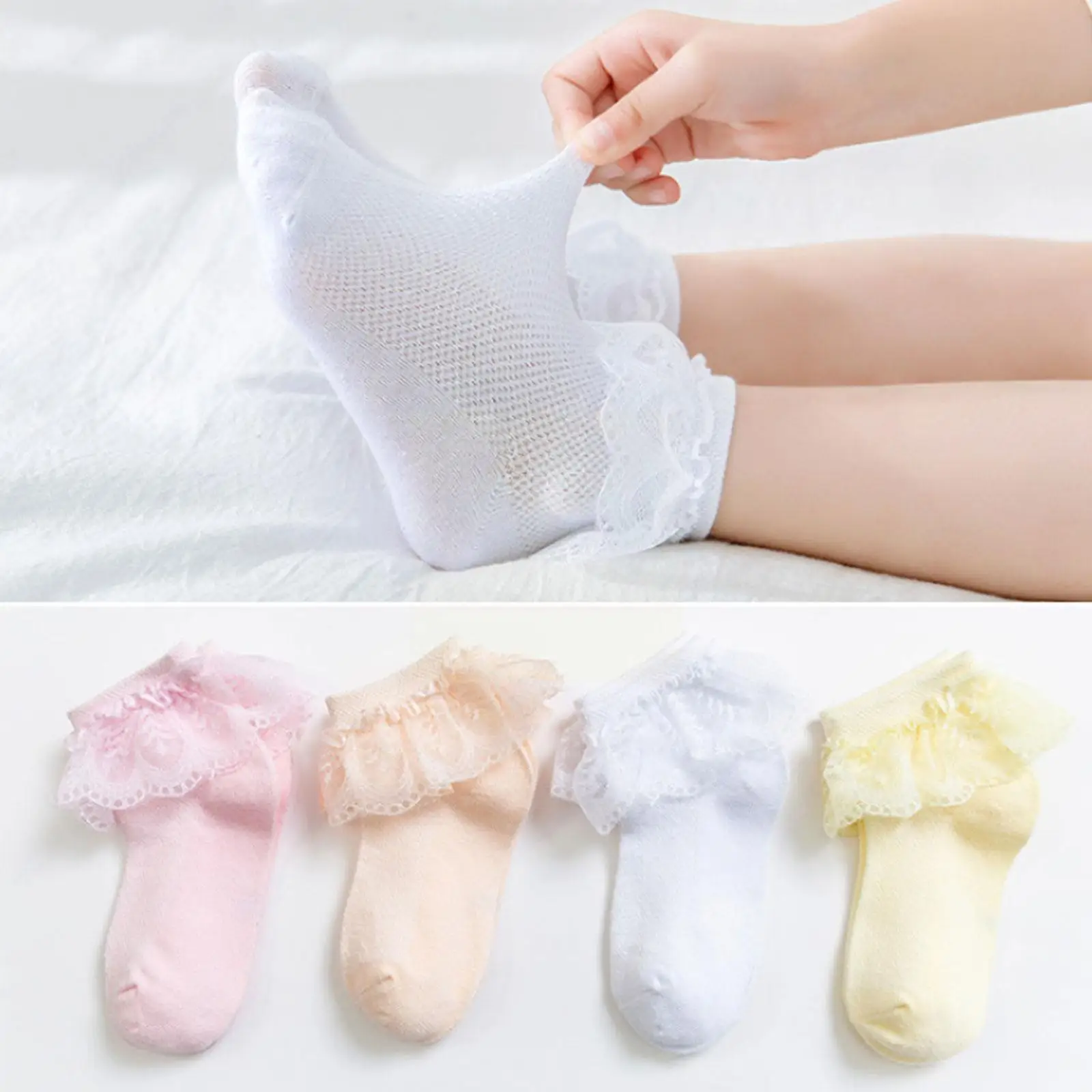 

4pairs Kids Lace Socks Summer Cotton Children Short Flowers Mesh Gilrs Frilly Sock Dance Ruffle Autumn Princess Spring Sock U1D5