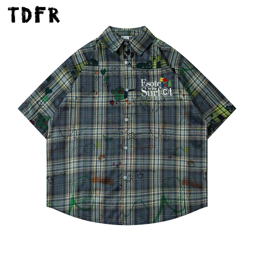 Рубашка мужская клетчатая с коротким рукавом однобортная уличная одежда