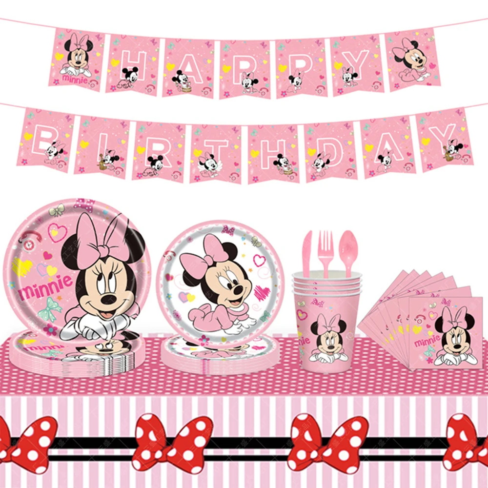 Cartoon Disney Minnie Mouse Birthday Party Decoration Disposable Tableware Cup Dish Balloon Background Baby Shower Girl Kid Gift