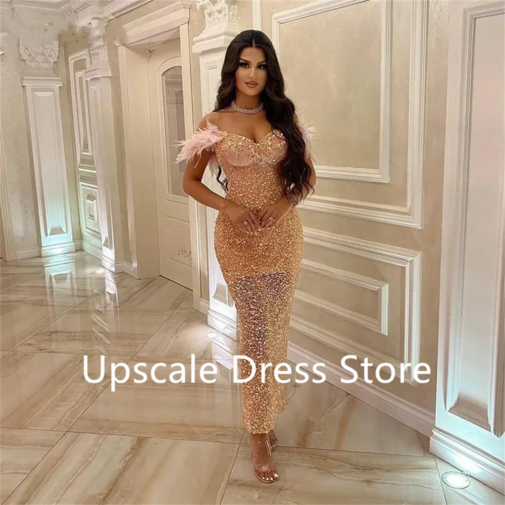 

Shiny Sequin Sheath Prom Dresses Off the Shoulder Feather Event Party Gown Beaded Ankle Length Cocktail Dress فساتين السهرة