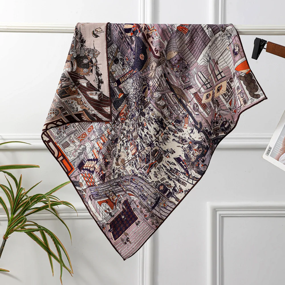 

Paries Street Silk Wool Scarf 65CM Designer Luxury Square Double Sided Shawls Hem Rollerd Edge Head Neck Bag Scarves 70CM