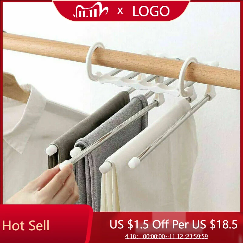 

Multi-functional 5 In 1 Stainless Steel Pants Rack Retractable Hanger Scarf Shelf Drying Racks Laundry Storage & Organization
