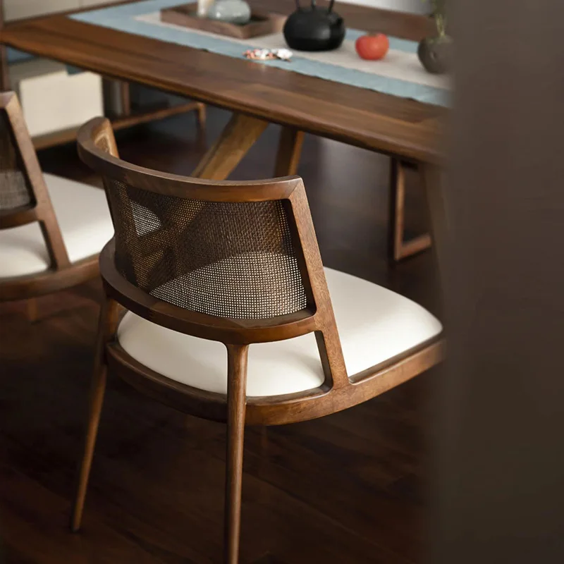 

Retro Solid Wood Dining Chair Hotel Restaurant Soft Bag Leisure Backrest Rattan Chair Simple Rattan Seat