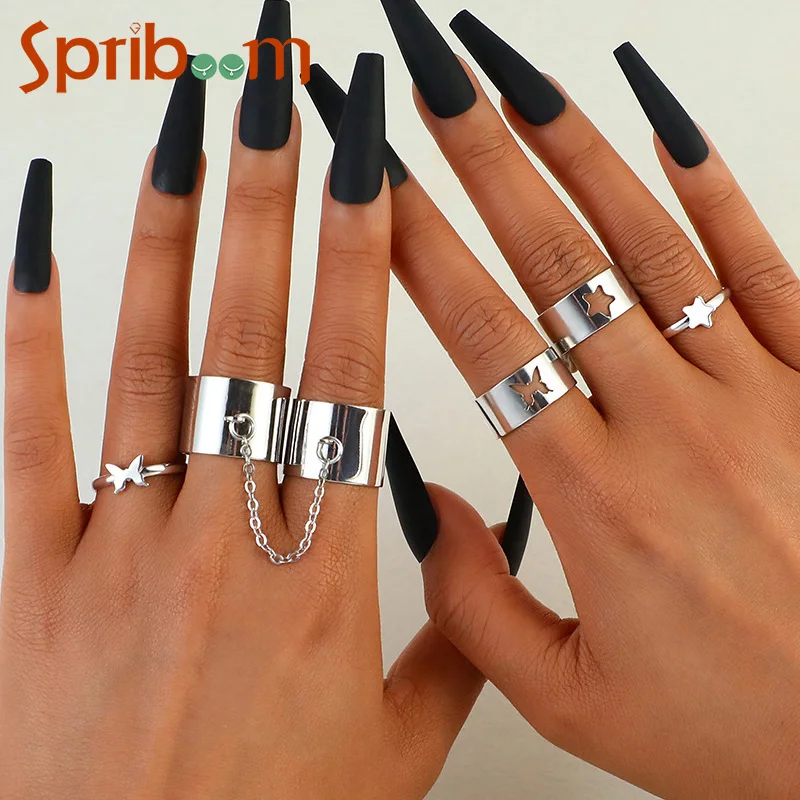 

Punk Two-Finger Ring Women Silver Color Butterfly Stars Couple Rings Set Open Adjustable Female Jewelry Personality Accessories