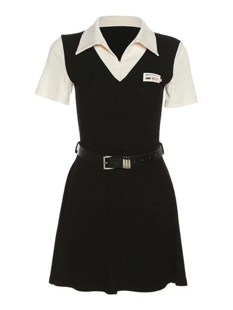 

Preppy Style Short Sleeve Dress Black Women Summer Patchwork Slim Polo Collar Korean Fashion Black Dresses Streetwear