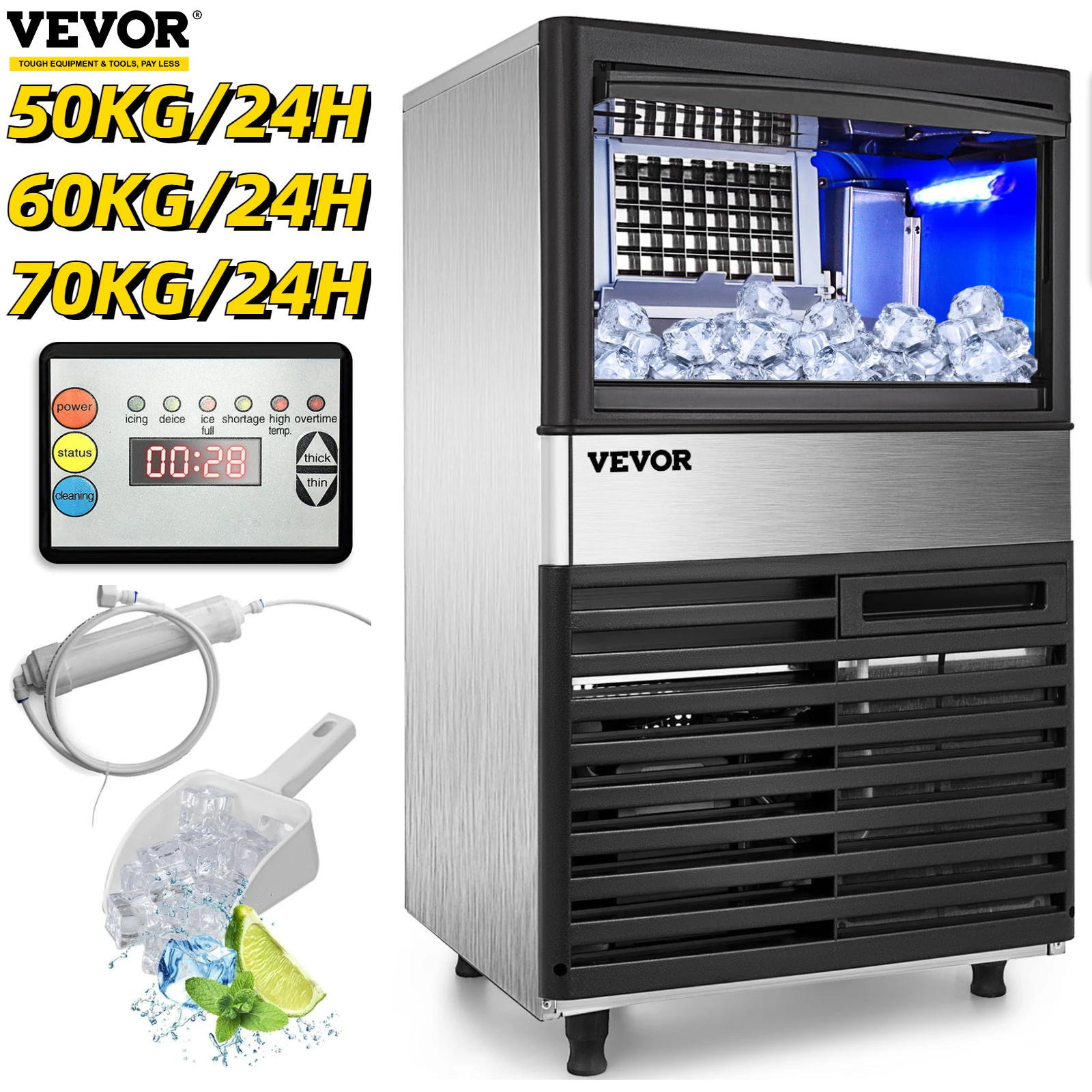 

VEVOR Commercial Cube Ice Maker 50/60/70 KG/24H Freestanding Auto Clear Liquid Freezer Ice Generator Machine 110V Home Appliance