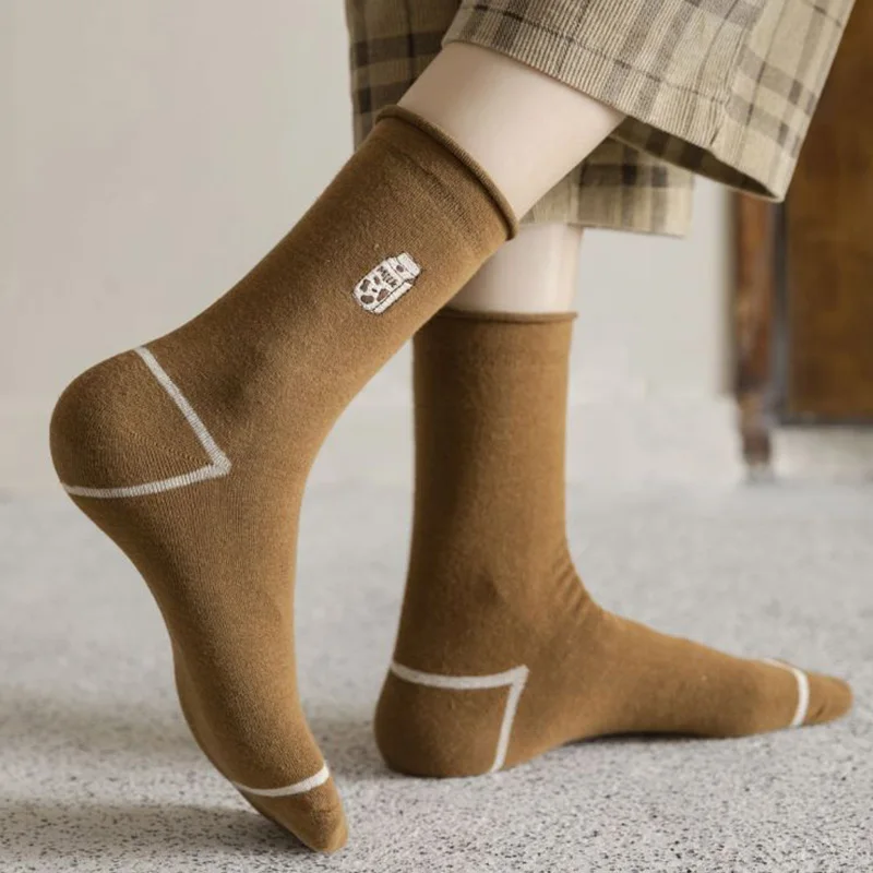 5 Pair Fashion Crimping Women Socks Kawaii Embroidery Long Socks Cute Cow Print Winter Pure Cotton Vintage Streetwear Girl Style