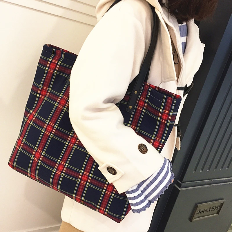 

England Style Teenager Recycled Cotton Plaid Laptop Top-handle Tote Bag Student Vegan School Book Laptop Everyday Roomy Handbag