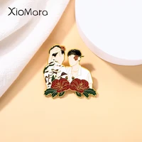 cartoon anime enamel pin two men wear red flower creative brooches on backpack clothes button lapel jewelry gifts for friend