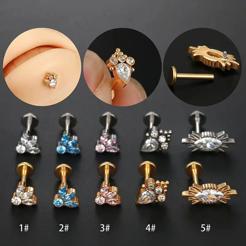 

G23 Titanium Piercing Conch Stud Earring Crown Labret Lip Studs CZ Internally Threaded Helix Tragus Cartilage Body Jewelry 16G