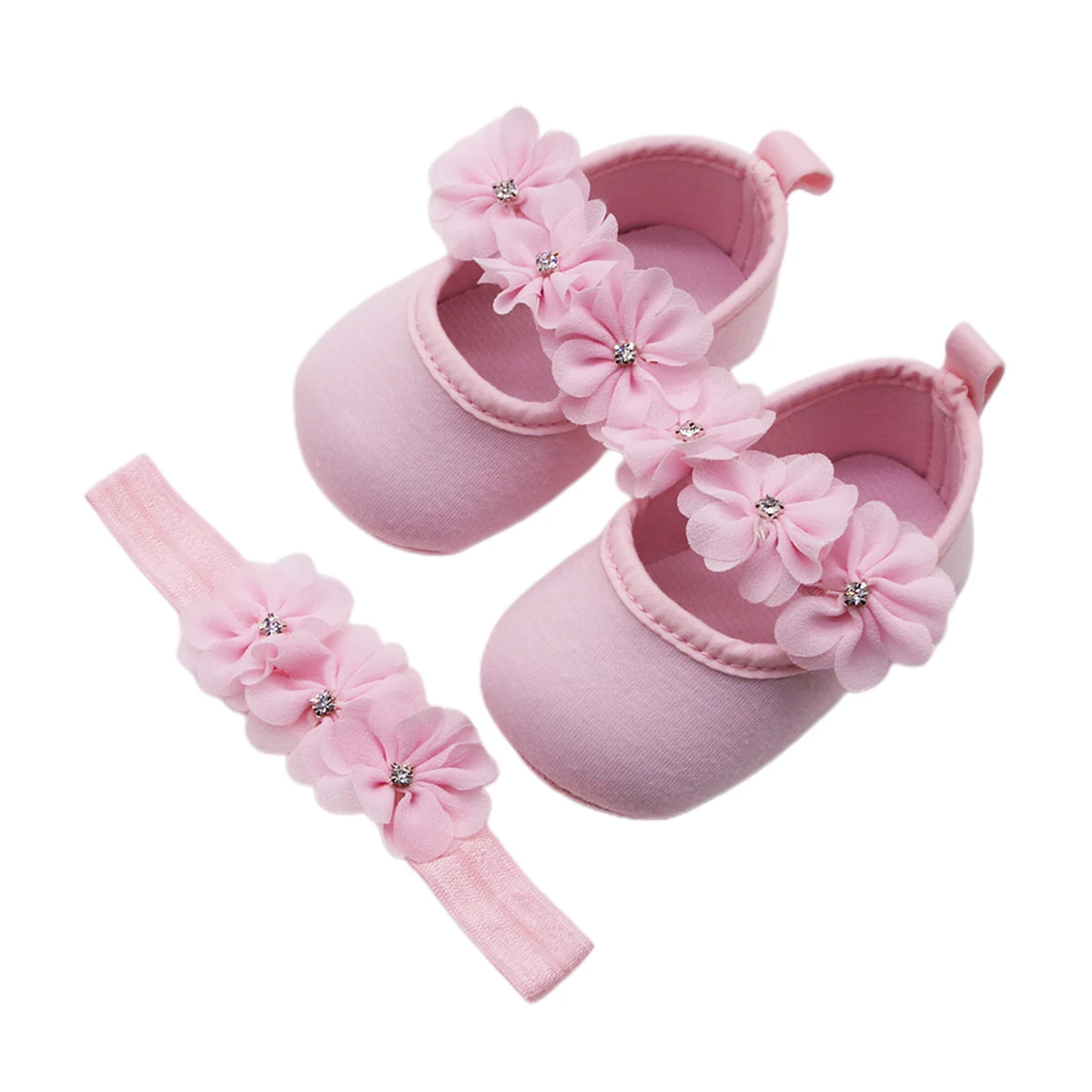 

Newborn Baby Girls Baptism Shoes First Walkers Soft Sole Mary Jane Flats+Solid Color Headband with Flower