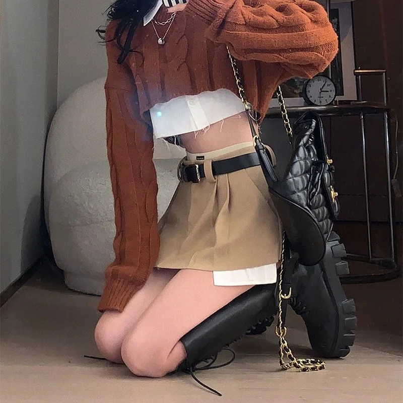 HOUZHOU Vintage Mini Cargo Skirt Women Y2k Style Irregular Patchwork High Waist Sexy Pleated Belt Micro Skirt Shorts Streetwear