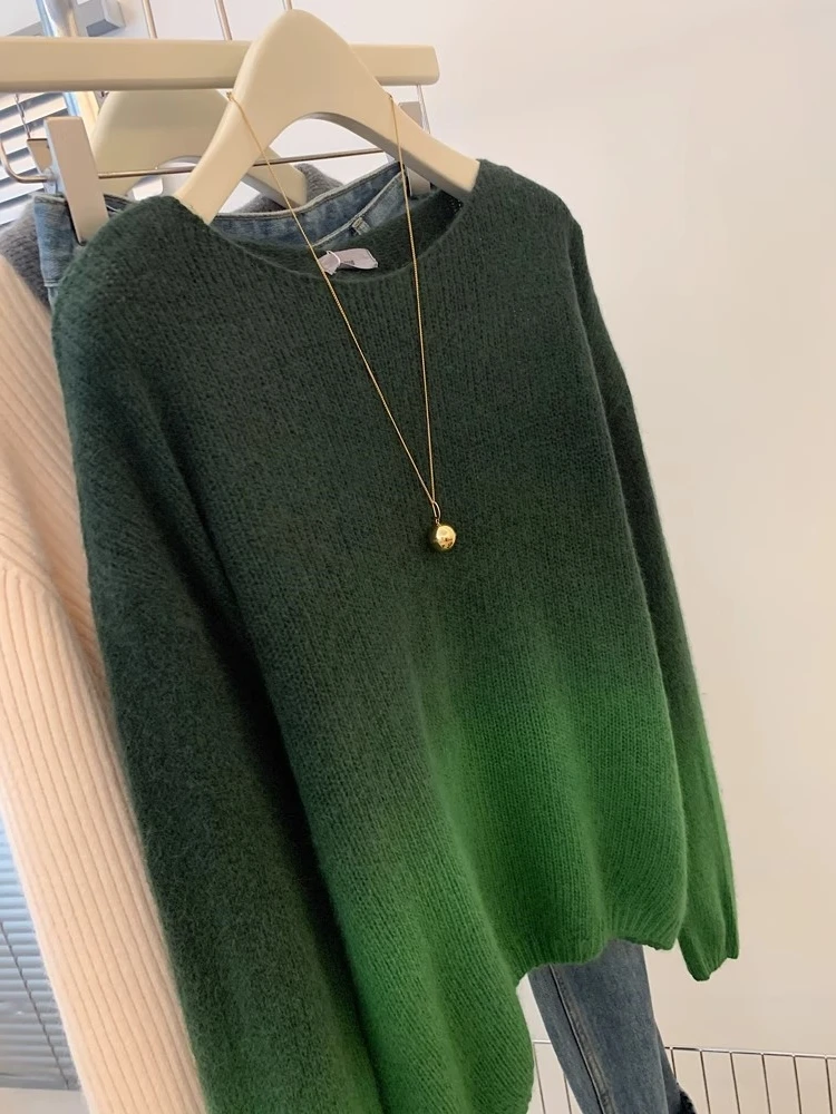 Градиентный зеленый пуловер в стиле ретро свободный мягкий клейкий свитер для