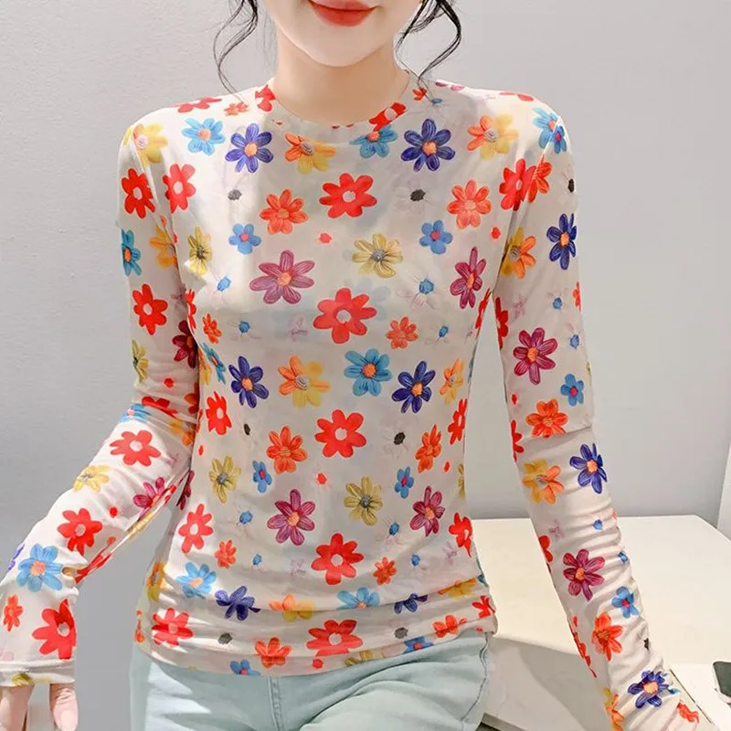 Женская Двухслойная футболка с цветочным принтом Элегантная круглым вырезом и