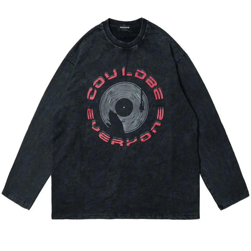 

Винтажная Мужская футболка, уличная одежда, хип-хоп, графический принт, потертая стирка, Повседневная футболка с длинным рукавом, Харадзюку ...