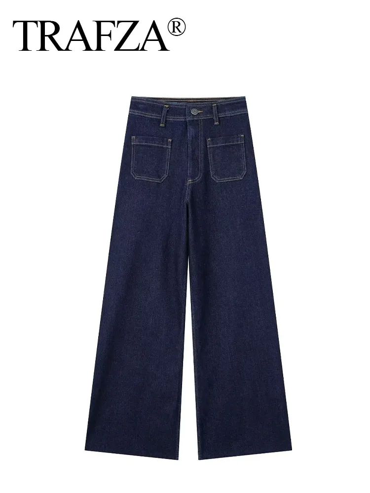 

Женские джинсовые брюки TRAFZA, однотонные брюки с высокой талией и карманами, на молнии, Модные осенние брюки с широкими штанинами, 2023