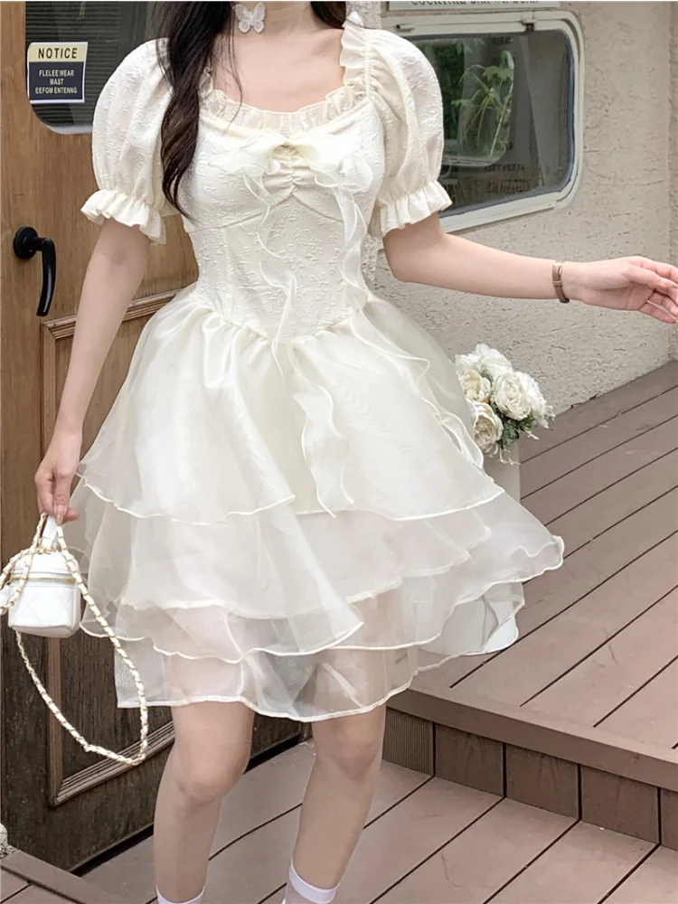 

Deeptown Fairycore Lolita Beige Dress Women Korean Style Cute Japanese Sweet Bow Ruched Mesh Puff Sleeve Mini Princess Dresses