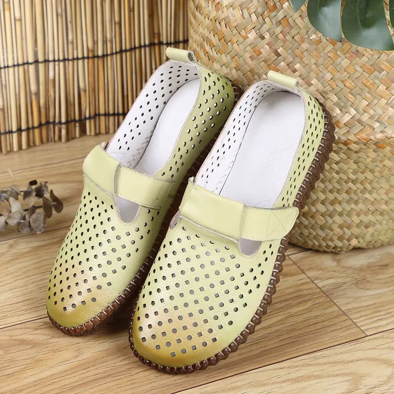 

Luxury Shoes Light Green Flats Women's Genuine Leather Loafers Mom Cozy Walking Shoes Hook Loop Slip Ons Ladies Purple Moccasins