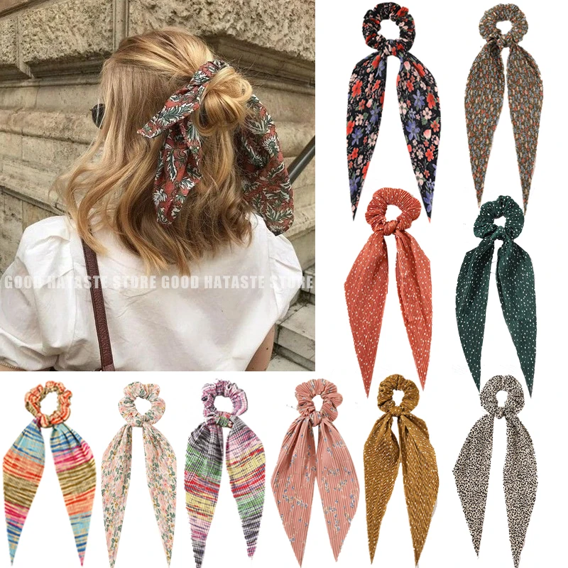 Women Leopard Printing Long Scarf Ribbons Scrunchie Elegant Hair Tie Ponytail Holder Elastic Hairband for Girl Hair Accessories