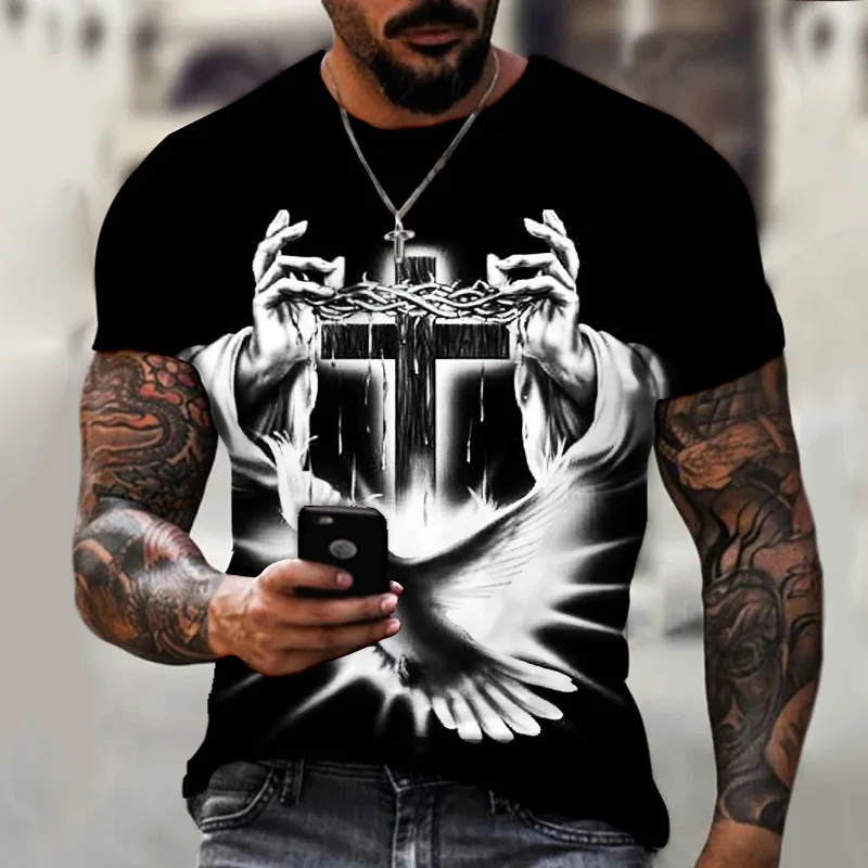 

Cross printed men's T-shirt Judgment Day pattern T-shirts casual men's short sleeved 2023 summer street sports quick drying tops