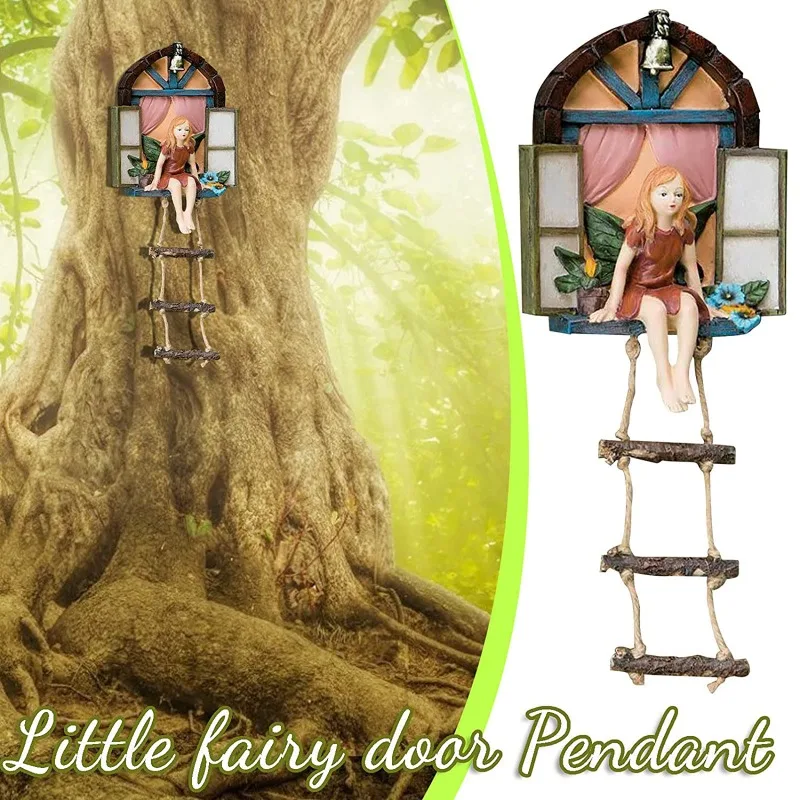 

Fairy House Tree Hanging Sculpture Window Fairy Ladder Resin Statue Figurine Outdoor Ornament For Home Garden Yard Art Decor