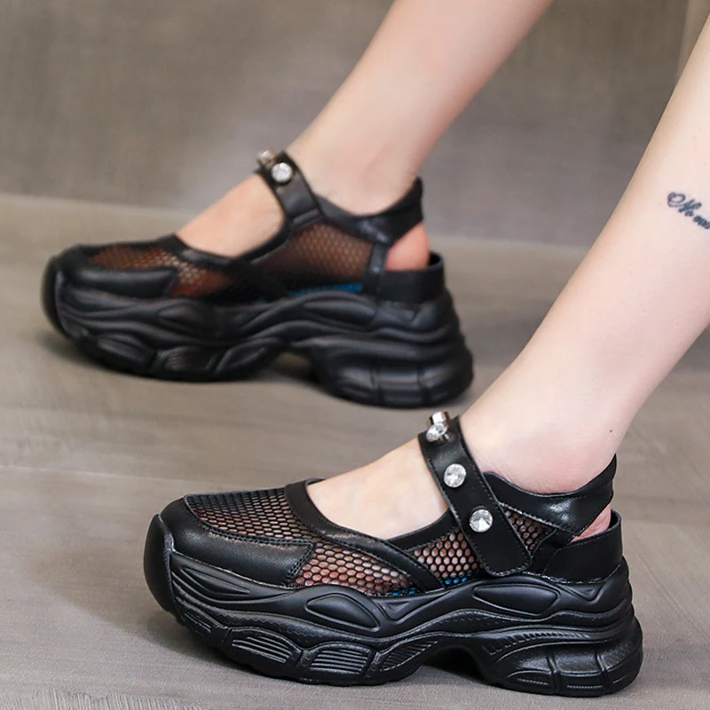 7CM Women Sandals Mesh Rhinestones Comfy Platform 2023 Soft Women Lightweight Casual Beach Summer Sandals Outdoor Female Sandals
