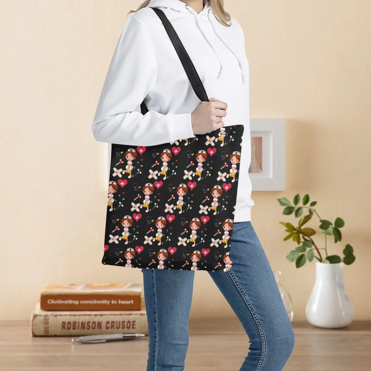 

Gifts for Nurses Cute Nurse Pattern Women Totes Bag 2023 Foldable Reusable Nursing Shoulder Bags for Girls Ladies Big Handbags
