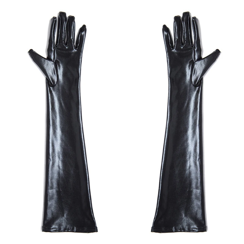 

Сексуальные длинные черные латексные перчатки для взрослых, металлические перчатки в стиле хип-поп из искусственной кожи с влажным внешним видом, Клубная одежда, аксессуары для косплея, варежки