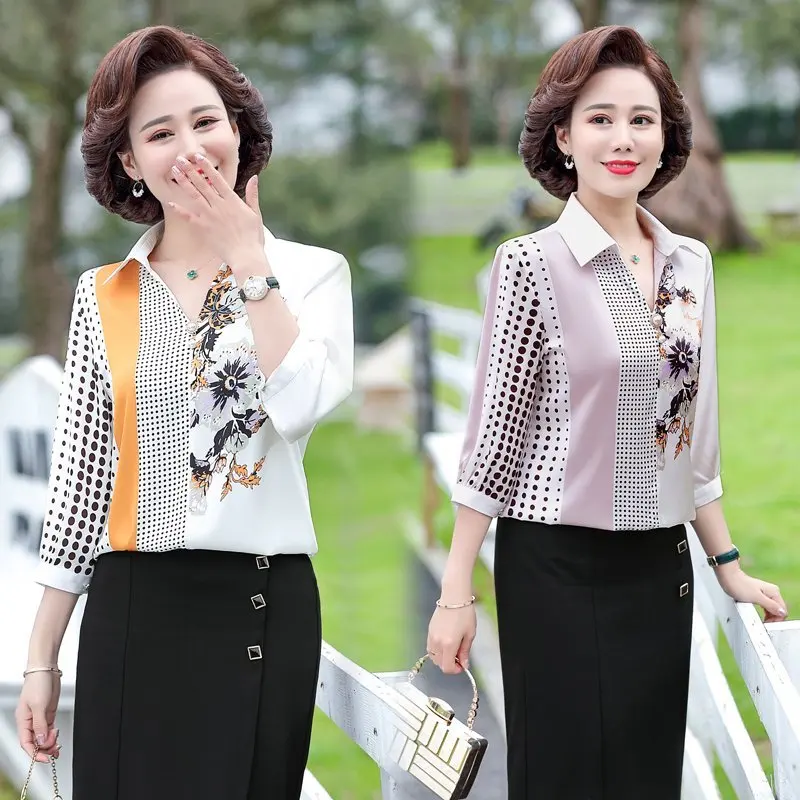 

Spring Summer Silk Shirt Office NEW Women'S Chemise Femme Blouse Middle-Aged Plus Size Three-quarter sleeve Dames Blouse 5XL