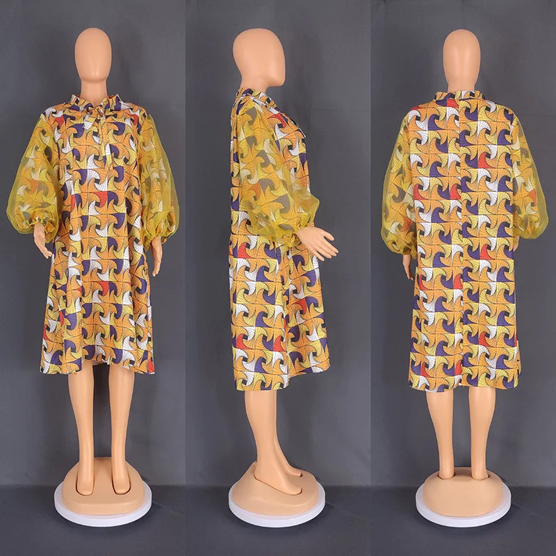 Women African Print Clothing Fashion Organza Puff Sleeves Dashiki Robe 2023 New Lantern Sleeve Beach Cardigan Femme Muslim Abaya