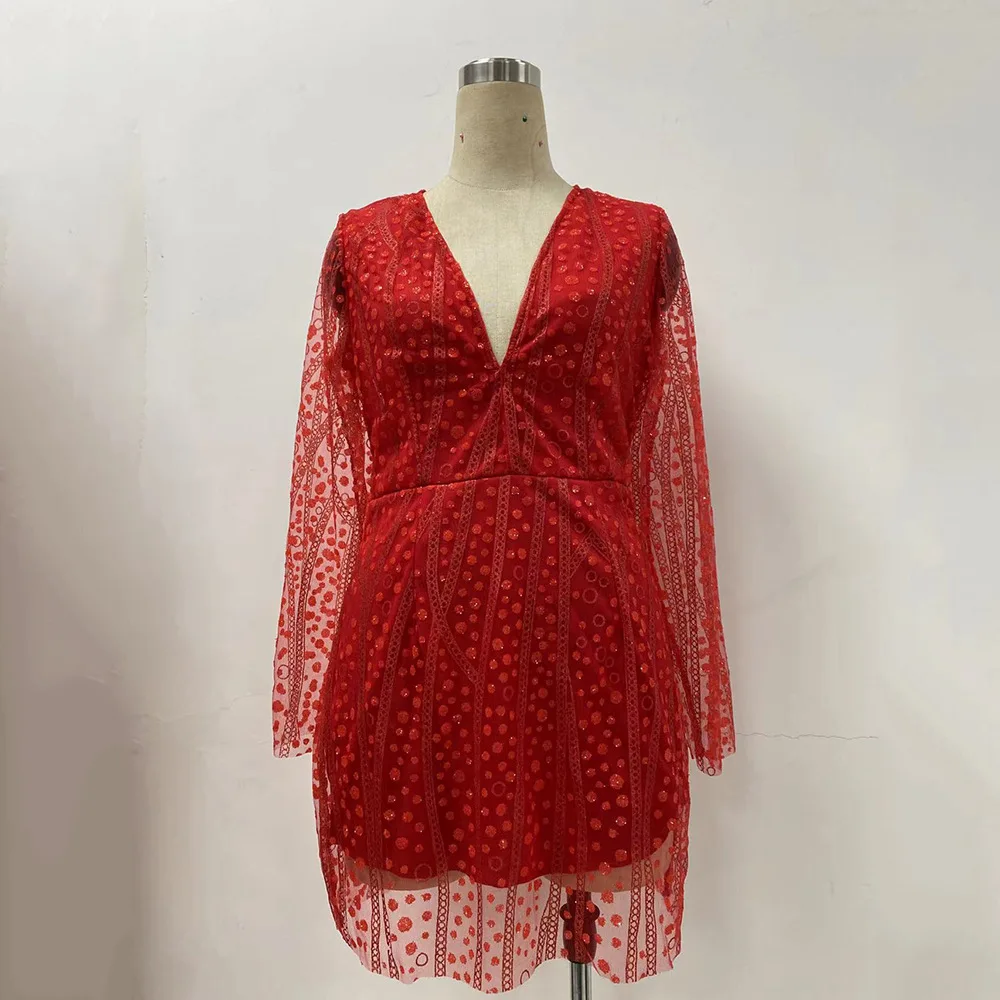 2022 New Spring And Autumn Women Elegant Party Dresses  V-Perspective Long-sleeved Short Skirt And Gold-sprinkled Prom Clothing