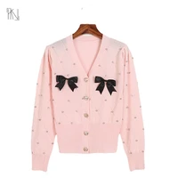 bow three dimensional decorative long sleeved knitted cardigan 2022 autumn new women french v neck slim single breasted sweater