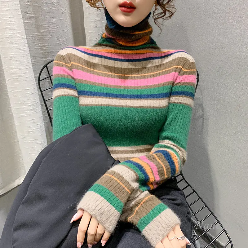 

2023 New Fashion Striped Sweater for Women Spring Winter Heaps Collar Bottoming Top Inner Wear Thickened Warm Sweaters Pull