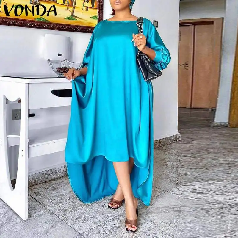 

VONDA 2022 Women Casual Round Neck Pleated Dress Ladies Loose Solid Long Maxi Vestidos Autumn Asymmetric Robe Satin Slik Dresses