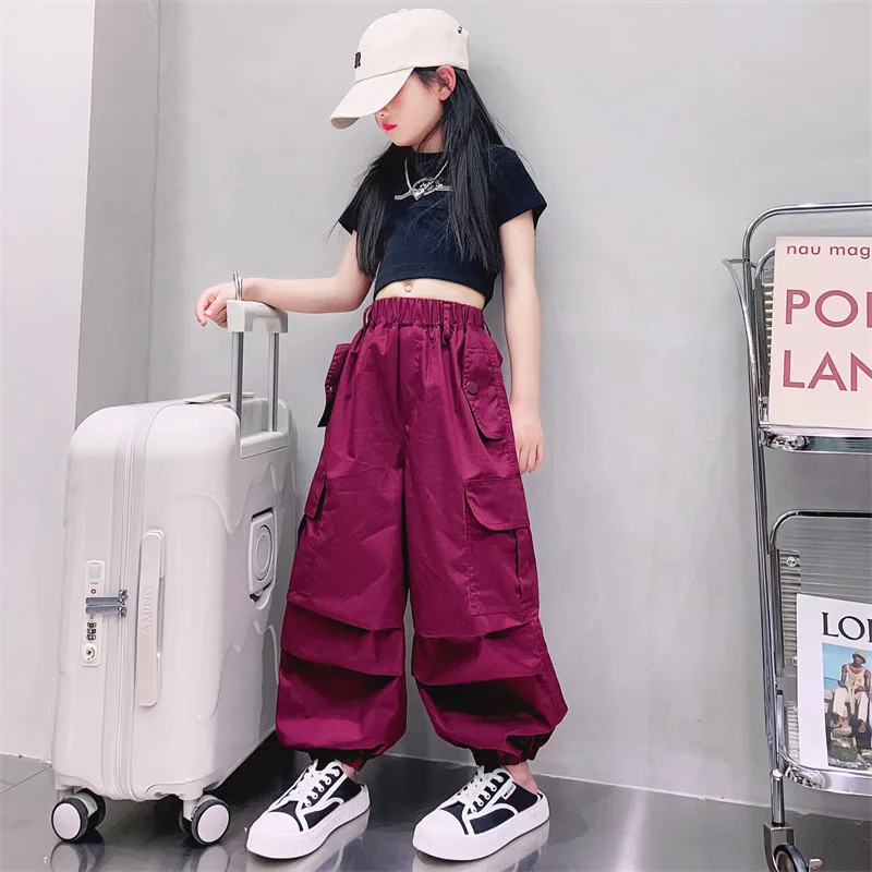 

Girls Cargo Pants 4-14Y Teenage Straight Trousers High Waist Vintage Casual Streetwear Baggy Pants Kids Hip Hop Joggers Pants