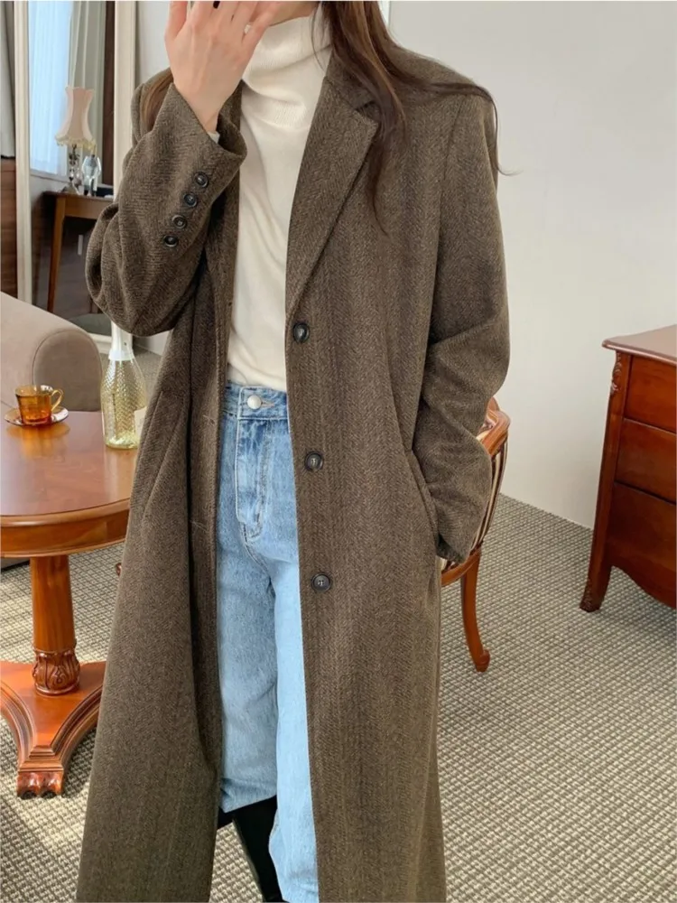 

Женское шерстяное пальто, повседневное однобортное Свободное пальто большого размера с карманами, верхняя одежда в Корейском стиле для зимы