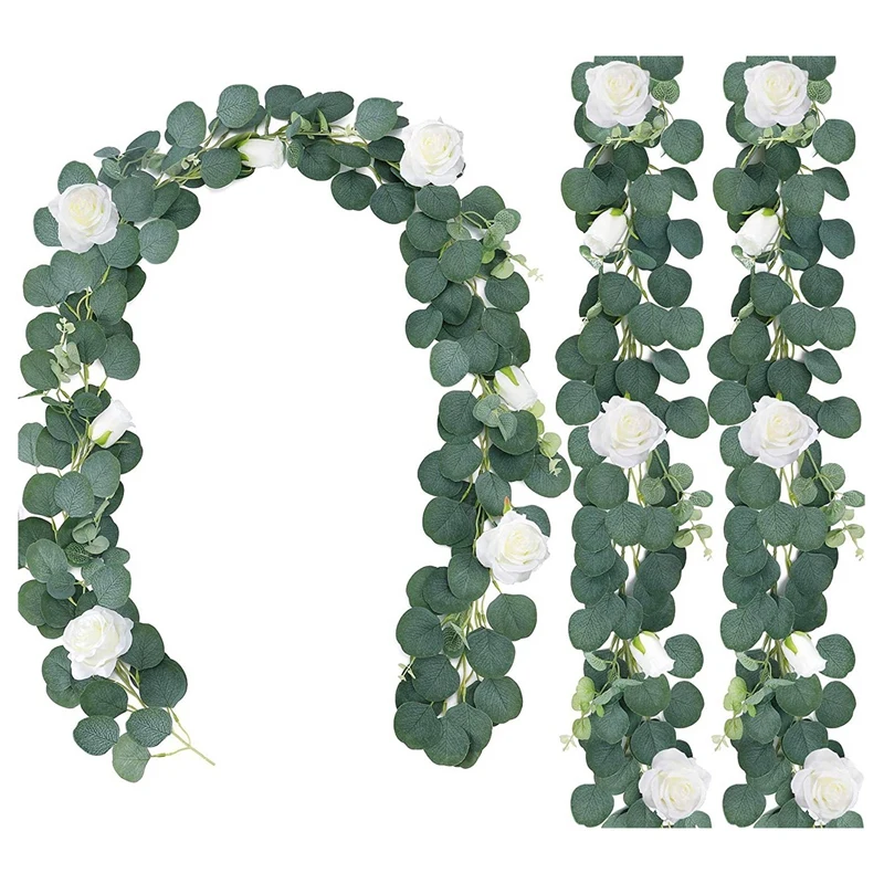 

3Pcs 6.5Foot Artificial Eucalyptus Garland With Flower,Faux Silk Eucalyptus Greenery Leaf Hanging Vine For Wedding Decor